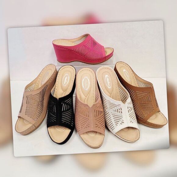 Italina Tan Sequin Embellished Slide In Mule Comfort Wedge Nu Shuz Key West 11 - Picture 2 of 7